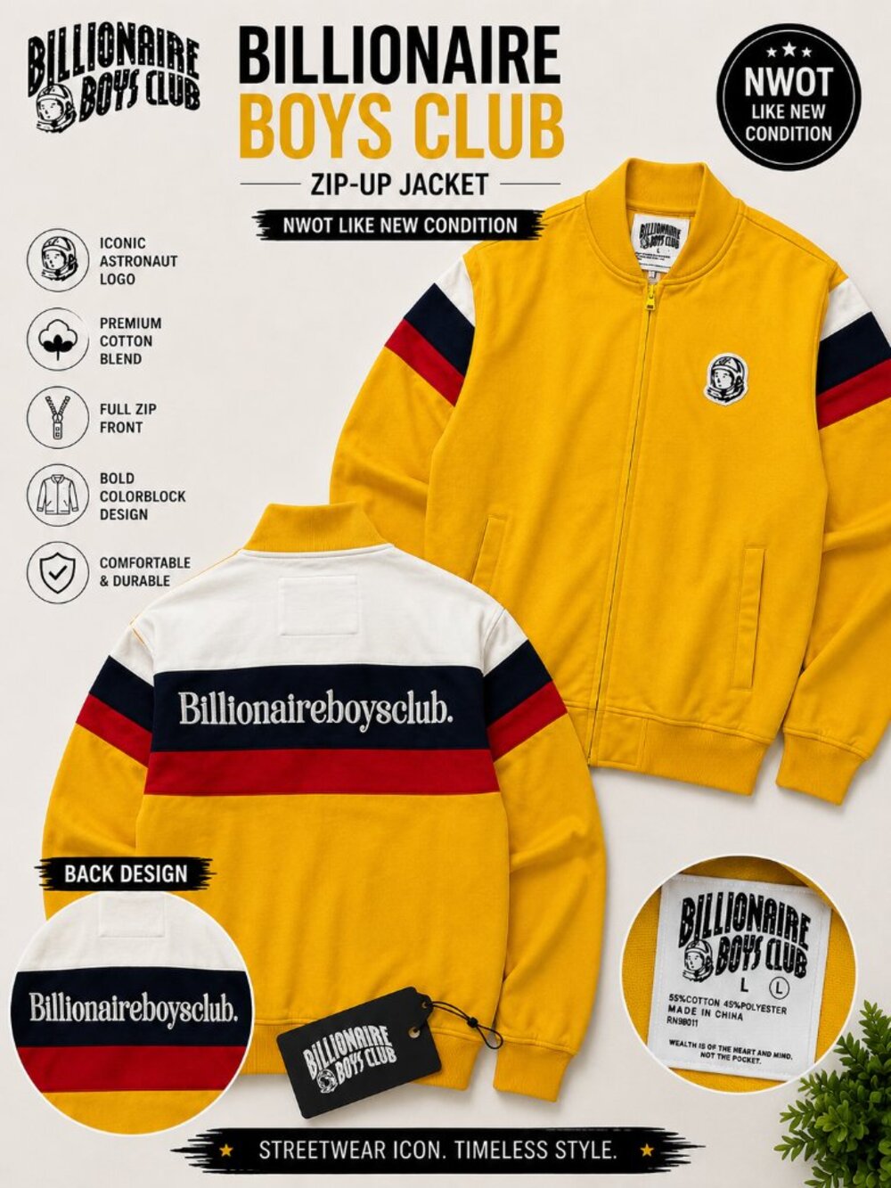 Nwot Billionaire Boys Club Bbc Zip Up Jacket Men's Full Zip Streetwear